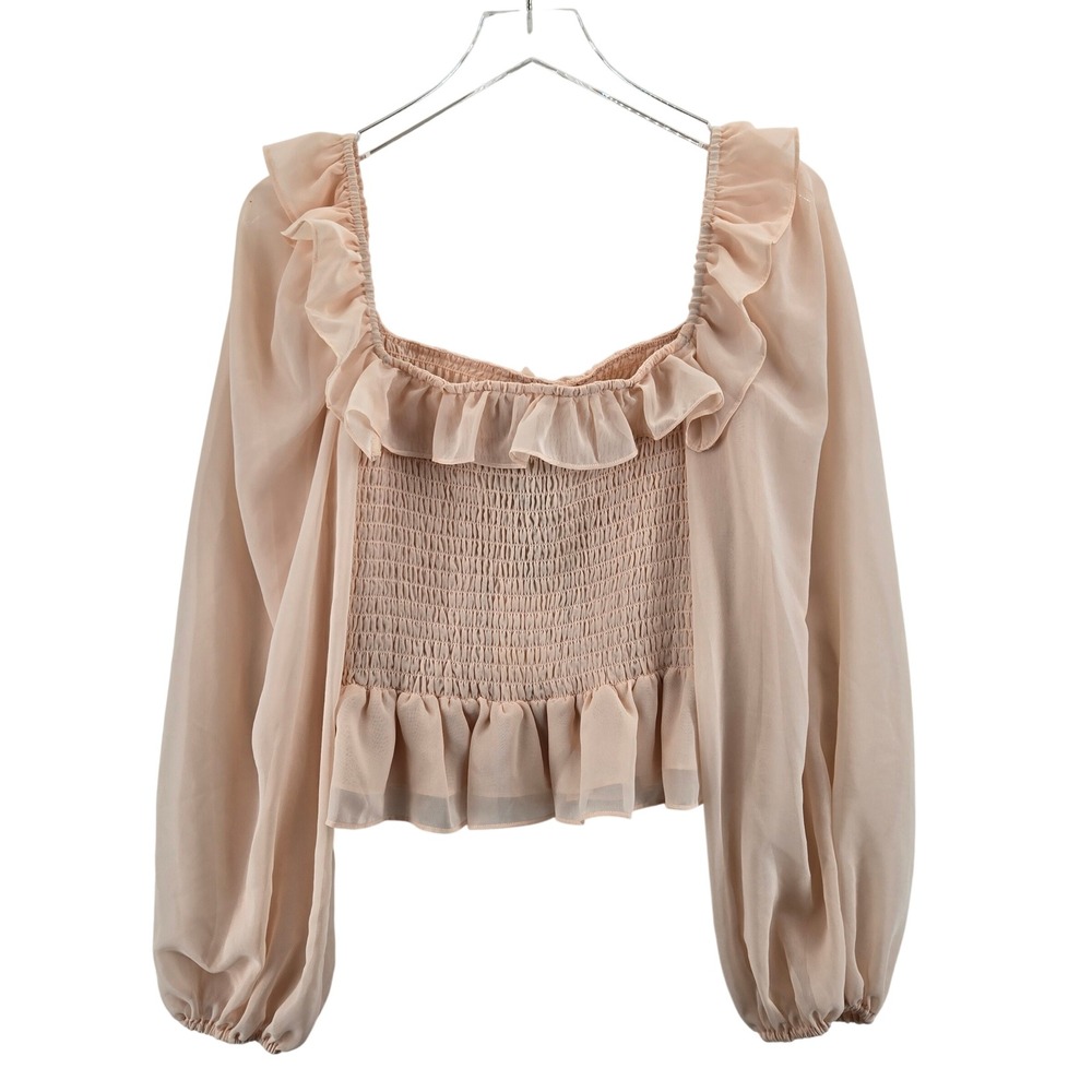 Kourt  Few Moda Smocked Square Neck‎ Ruffle Long Sleeve Blouse Top Peach Size L